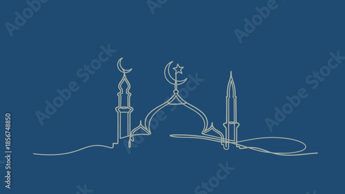 Minimalist Mosque Silhouette with Crescent Moon and Star on Blue Background