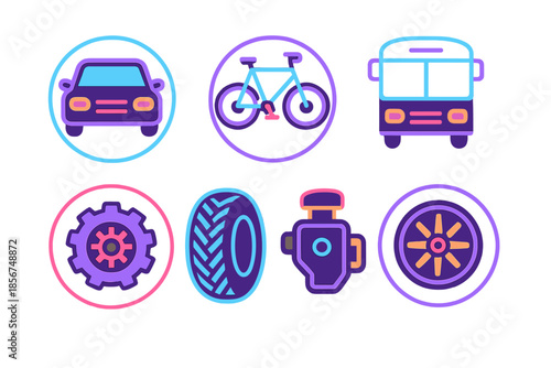 Neon Automotive Icons on Dark Background