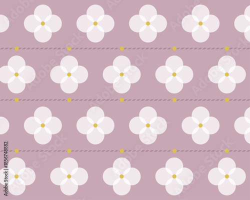 薄紫色の背景に白い梅の花をあしらった和風シームレス背景素材。春の訪れを感じさせるミニマルな幾何学模様。化粧品のパッケージや春のグリーティングカードに最適な和のデザイン。
