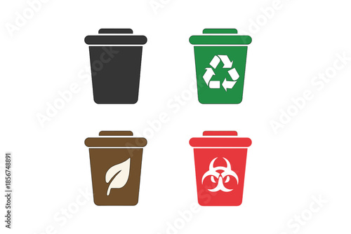 Four different colored trash cans with symbols
