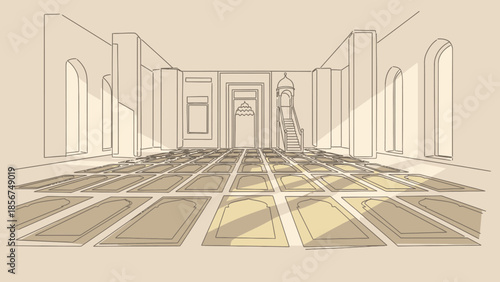 Mosque Interior Sketch: Prayer Mats, Minbar, and Sunlight Beams