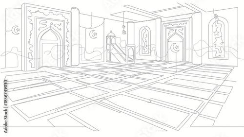 Mosque Interior Sketch: Prayer Rugs, Mihrab, Minbar, Islamic Symbols
