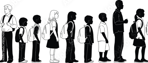 Silhouette lineup of children and adults wearing backpacks, side profile view, arranged by height, concept of growth, education, development, school journey, learning stages, progress, unity