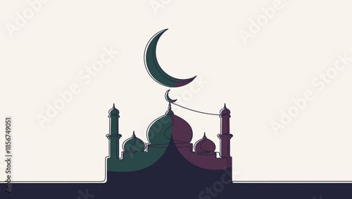 Mosque Silhouette with Crescent Moon - Islamic Culture and Ramadan Symbol