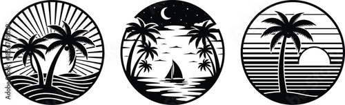 Tropical beach palm tree circle set, summer sunset ocean wave silhouettes, night sea sailboat landscape, coastal vacation travel emblem icons, exotic island paradise.