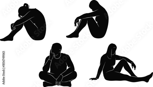 Silhouettes of people sitting in despair, lonely man and woman feeling sad, depression and mental health concept, isolated person grieving in deep sorrow