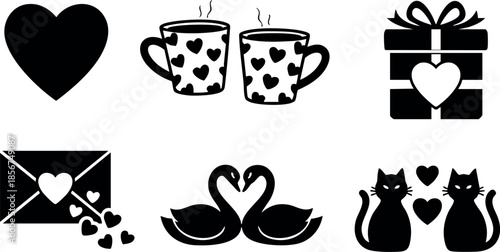 Romantic love icons with heart shapes couple gift cup cat swan envelope design vector illustration