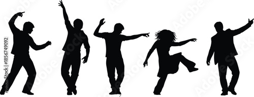 Silhouette vector illustration of dancing people, energetic poses, artistic movement, celebration, freedom, youth lifestyle, black figures on white background, expressive dance concept
