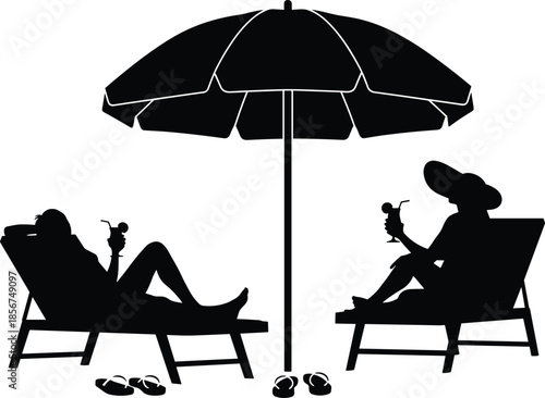 Silhouette of two people relaxing on beach chairs under umbrella, enjoying tropical drinks, summer vacation, leisure lifestyle, holiday mood, peaceful outdoor scene, vector illustration