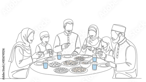 Muslim Family Enjoying Iftar Meal Together Around a Table, Continuous Line Art