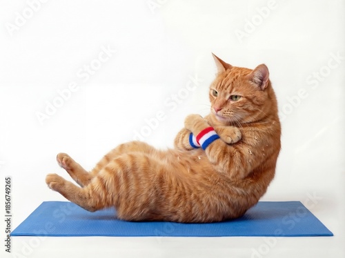 Funny Ginger Cat Doing Home Workout and Strength Training on White Background