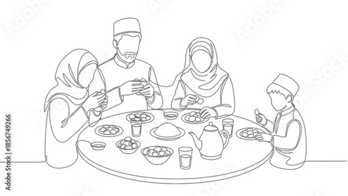 Muslim Family Enjoying Iftar Meal Together: Continuous Line Art