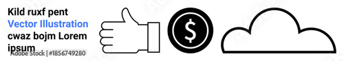 Business approval, finance management, cloud technology, online services, data storage, digital platforms. Black and white thumbs up, dollar symbol and cloud outline. Business approval and finance