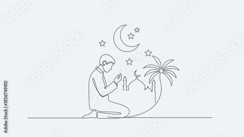 Muslim Man Praying at Night with Crescent Moon, Stars, Mosque and Palm Tree
