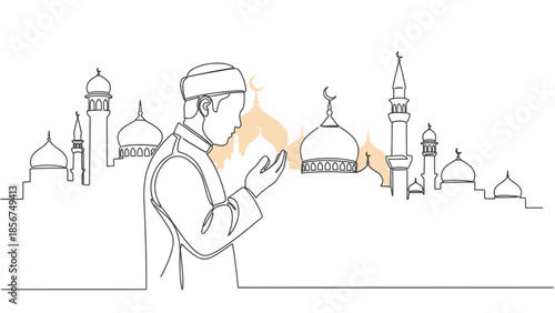 Muslim Man Praying in front of Mosque Silhouette - Continuous Line Art