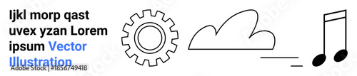 Technology innovation, creative thinking, digital design, music industry, communication systems, cloud solutions. A gear, cloud and musical notes drawn with simple lines. Technology innovation