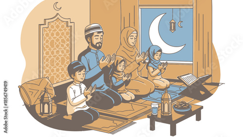 Muslim Family Praying Together at Night During Ramadan