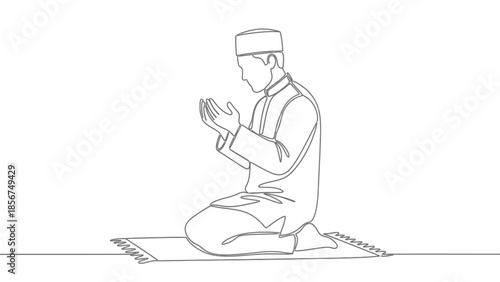 Muslim man praying on a rug, continuous line art, Islamic prayer, devotion, spiritual moment