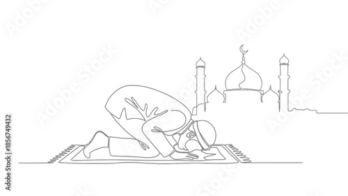 Muslim man praying on a rug in front of a mosque, single line art