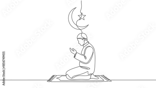 Muslim Man Praying on Mat, Crescent Moon and Star Decoration