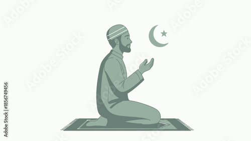 Muslim Man Praying on Prayer Mat with Crescent Moon and Star
