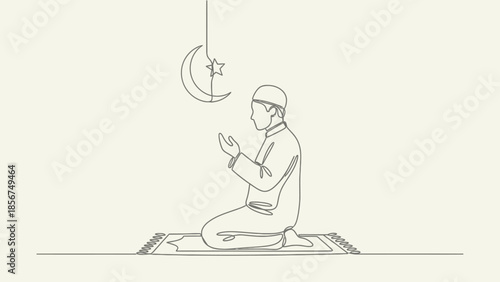 Muslim man praying on prayer mat under crescent moon and star, one line drawing