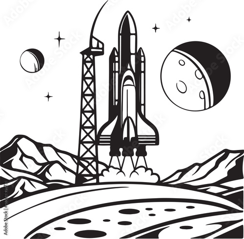 Futuristic rocket launching from moon base silhouette vector
