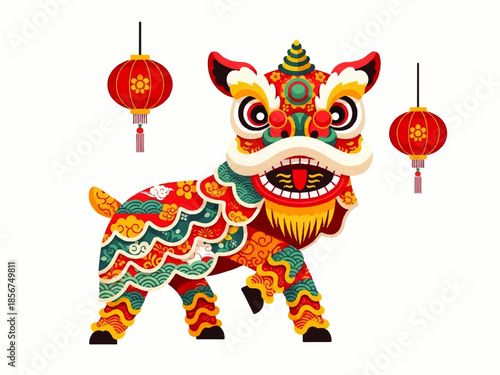 A vibrant Flat Design Ilustration Vector of a colorful lion dance creature with intricate patterns and red lanterns on a white background.