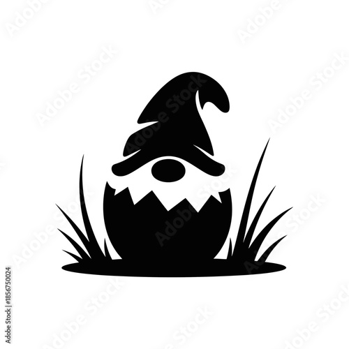 A silhouette of a gnome hatching from an eggshell, surrounded by grass