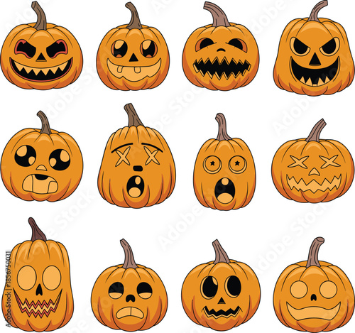 Halloween pumpkin faces set, scary jack o lantern expressions, cartoon vector illustration collection design icons