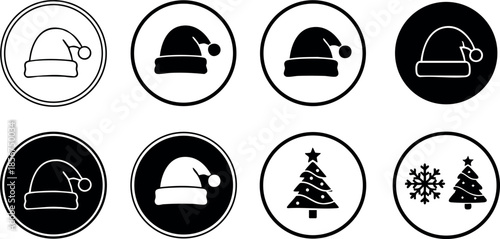 Christmas hat and winter holiday icons set with tree and snowflake symbols in black and white vector style