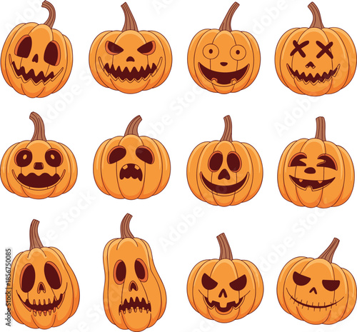 Halloween pumpkin faces set, cute scary jack o lantern expressions, cartoon vector illustration collection design