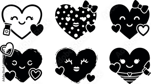 Cute black heart icons with smiling faces and small hearts in vector style for love and friendship designs