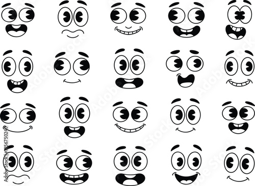 Cartoon facial expressions set, funny eyes and mouths, cute emoji faces black vector illustration