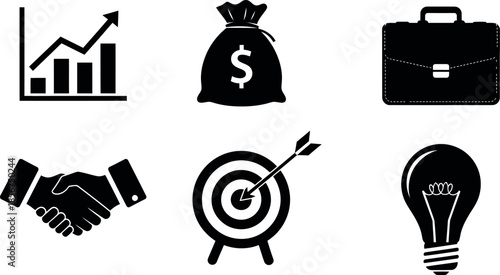 Business and finance icons set including growth graph money bag briefcase handshake target and light bulb
