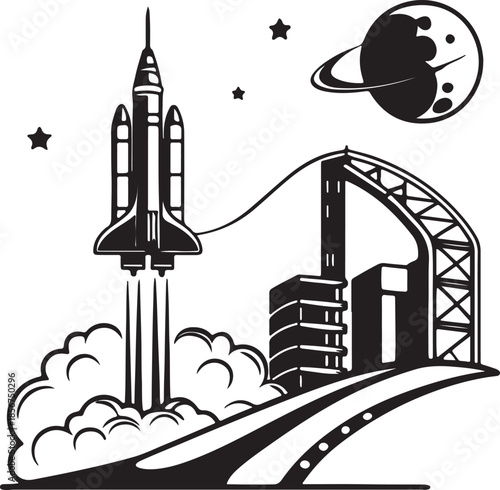 Futuristic rocket launching from moon base silhouette vector