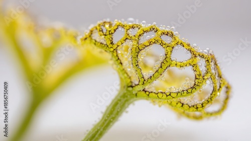 Macro of leaf skeleton with dew drops and water bubbles on white background