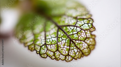 Macro shot of intricate leaf skeleton and veins on white background