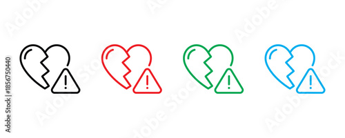 Broken heart warning sign icon set vector on white background.  relationship, problem, warning sign, heartbreak, sadness symbol. vector illustration.