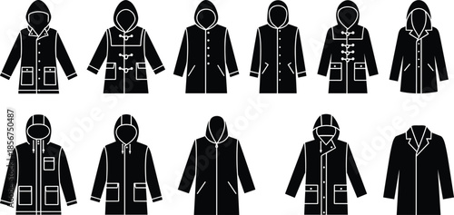 Vector Illustration Set of Black Raincoat and Jacket Silhouettes, Featuring Various Hooded Parkas, Trench Coats, and Winter Outerwear for Fashion Design Concepts,