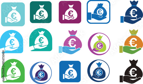 Hand Holding Euro Money Bag and Financial Wealth Line Icon Set Vector Illustration