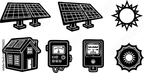 Solar energy system icons with panels house sun and meters vector illustration black and white style
