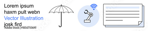 Weather protection, automation, wireless tech, document management, robotics, industry. Icons include umbrella, robotic arm with a signal and document outline. Automation and wireless tech