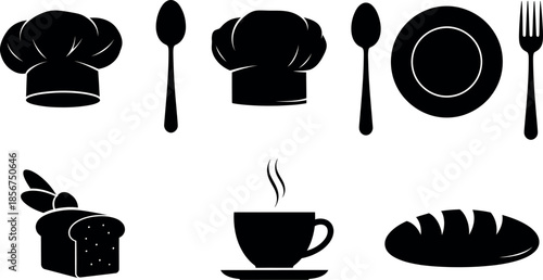 Black and white kitchen utensils and food icons