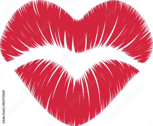 Red lipstick kiss mark illustration, textured lips print, romantic beauty makeup vector isolated design icon