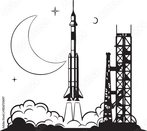 Futuristic rocket launching from moon base silhouette vector