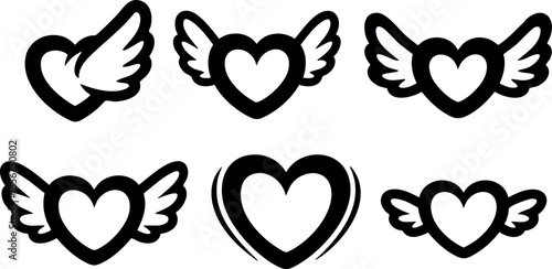 Heart with wings icons collection simple black outlines vector design elements for love and freedom themes
