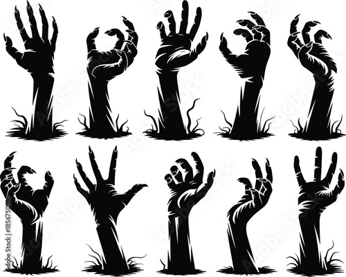Zombie hands rising set, horror undead arms, spooky black silhouette vector illustration collection night design
