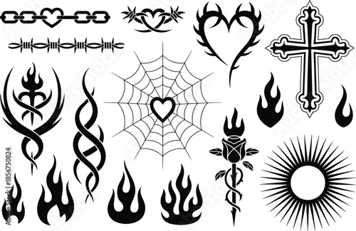 Gothic tattoo heart symbols set, flames crosses barbed wire, dark black vector illustration collection
