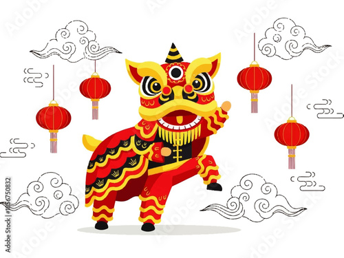 A vibrant Flat Design Ilustration Vector of a lion dance performance with red lanterns and clouds on a white background.